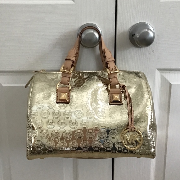 Michael Michael Kors Grayson Gold tone metallic MK logo medium size satchel - Picture 8 of 8